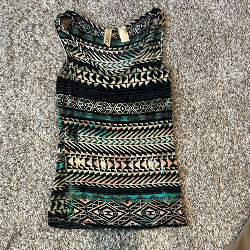 BKE Geometric Print Tank Top - Black, Teal & Cream